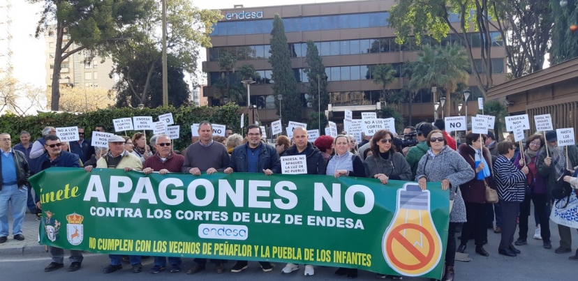 Concentración a las puertas de Endesa para protestar por los cortes de luz en las localidades de Peñaflor y La Puebla de Los Infantes.